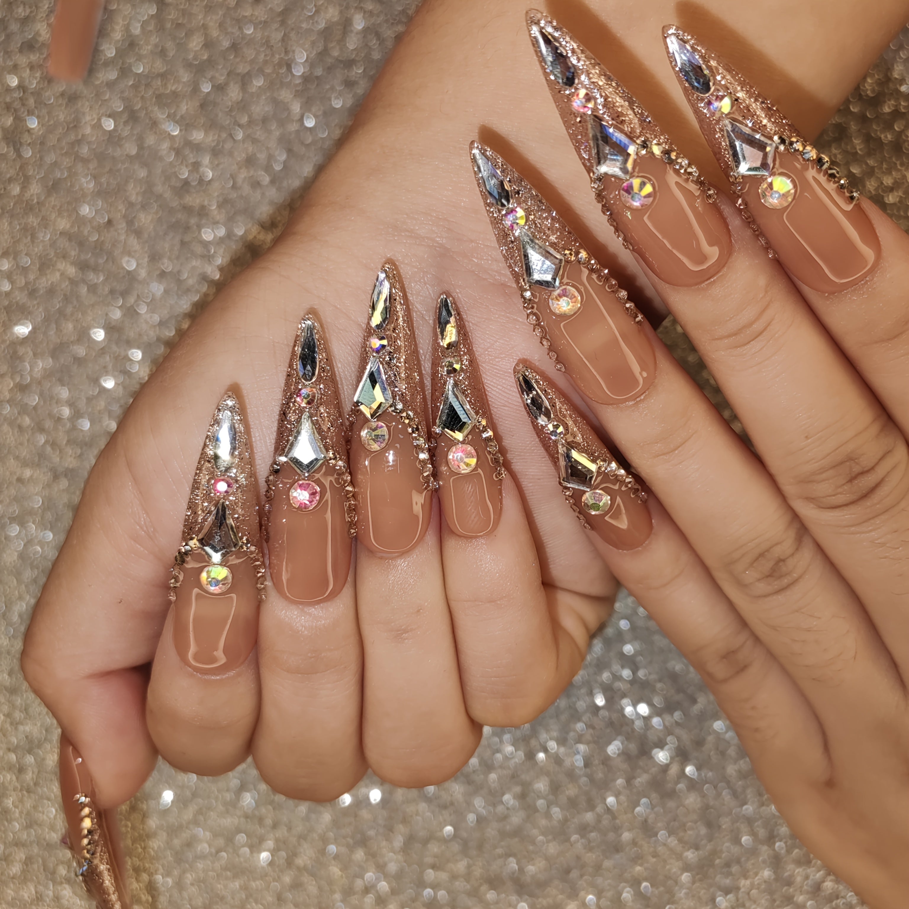 Handcrafted Ultra-Pointed Nude Press-On Nails with Luxurious Large Rhinestones - High-End Elegance, Grandeur & Modern Style for Women | Pure Hand-Set Sparkling Diamonds | Extra-Long Ultra-Durable Design Resists Bending
